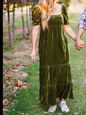 Anthropologie Olive Velvet Maxi Dress with Square Neck